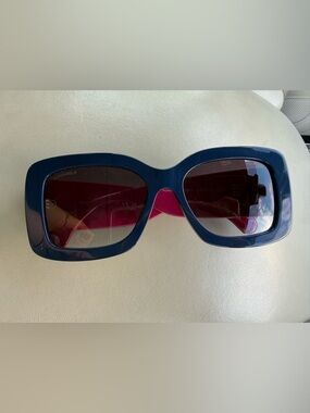 CHANEL Blue Frame Sunglasses with Pink Temples